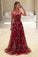 A-Line Bateau Burgundy Floral Lace Long Prom Dresses Straps Party Dresses JS735