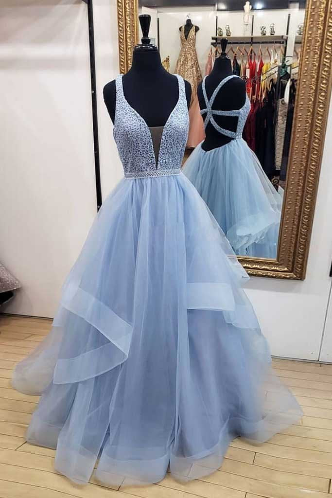 A-Line Blue Deep V Neck Tulle Prom Dresses Long Cheap Open Back Evening Dresses JS627