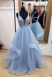 A-Line Blue Deep V Neck Tulle Prom Dresses Long Cheap Open Back Evening Dresses JS627