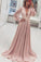 A-Line Deep V-Neck Long Pink Chiffon Prom Dress With Appliques Long Sleeves JS445