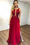 A-Line Sleeveless Split Prom Dresses with Appliques Beading Tulle Evening Dresses JS628