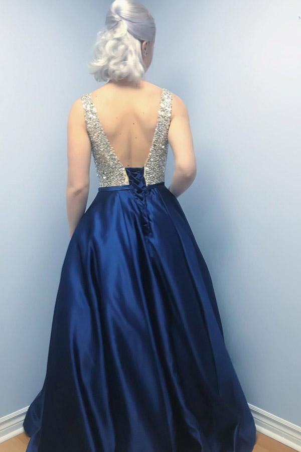 A-Line V Neck Backless Sweep Train Dark Blue Satin Prom Dress with Beads JS631