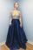 A-Line V Neck Backless Sweep Train Dark Blue Satin Prom Dress with Beads JS631