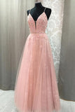 A-Line V Neck Spaghetti Straps Open Back Blush Lace Appliques Long Prom Dresses JS706