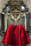A-line Burgundy Satin Homecoming Dress Short V Neck with Beading Prom Dresses H1202