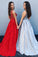 A-line Deep V Neck Beads Red Backless Long Prom Dresses With Pockets Party Dress JS421