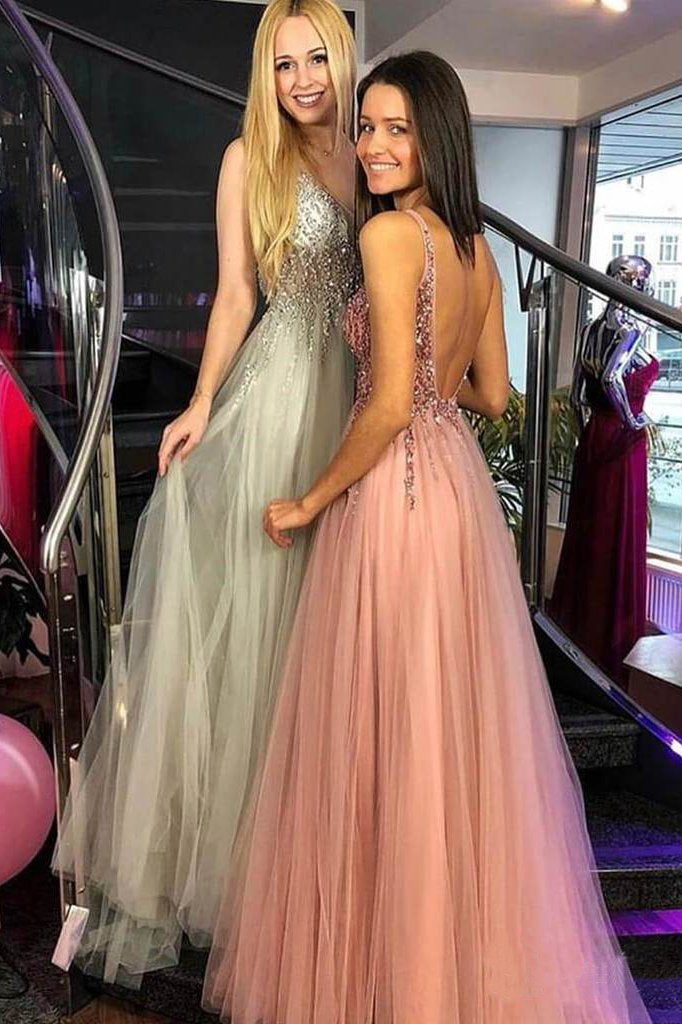 A-line V-Neck Beaded Bodice Tulle Long Prom Dresses Pink Backless Evening Dress