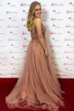 A-line V-Neck Beaded Bodice Tulle Long Prom Dresses Pink Backless Evening Dress