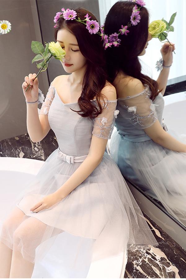 A Line Tulle Short Sleeves Off the Shoulder Gray Lace up Sweetheart Homecoming Dresses JS897