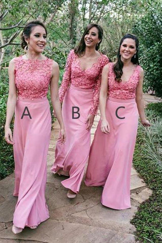 New Style Mismatched Pink Appliques Chiffon Floor Length Long Bridesmaid Dresses JS290