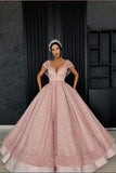 Chic Ball Gown Straps Pink Cap Sleeve Sparkly V Neck Beads Quinceanera Dress with Pockets JS228