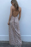 Sexy A-Line Spaghetti Straps Criss-Cross Pearl Pink Lace V Neck Prom Dress With Slit JS625