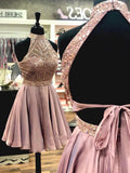 A Line Halter Open Back Chiffon Blush Pink Short Homecoming Dresses with Beading JS984