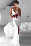Sexy White Mermaid Deep V-Neck Criss-Cross Straps Split White Lace Prom Dresses JS698