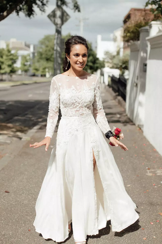 A Line Long Sleeve Lace Gorgeous Wedding Dresses Modest Bride Gowns