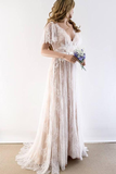 Elegant Lace V Neck Beach Wedding Dresses Short Sleeve Long Backless Wedding Gowns W1075