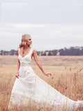 A Line V neck Ivory Wedding Dresses Rustic Modest Bride Gowns