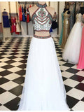 Embroidery Two Piece White Prom Dresses Two Pieces Pageant Gowns JS551
