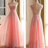 Charming Long Appliques Pink Sleeveless A-Line Scoop Elegant Prom Dresses JS782