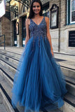 A Line Blue V Neck Beading Tulle Long Vintage Backless Prom Dresses