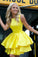 Cute A Line Round Neck Yellow Open Back Satin Sleeveless Short Homecoming Dresses JS949