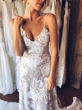 Summer Lace Backless Simple V Neck Ivory Spaghetti Straps Beach Wedding Dresses JS826
