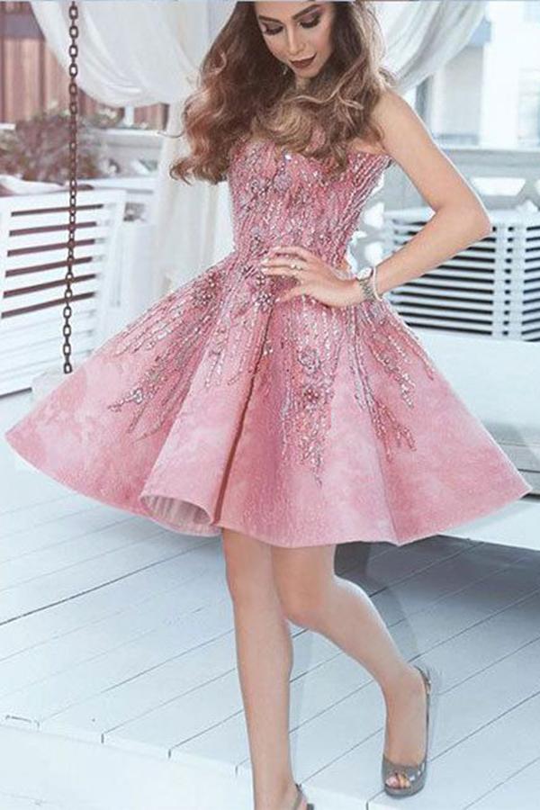 A Line Pink V Neck Lace Beads Satin Knee Length Short Prom Dresses Homecoming Dress JS676