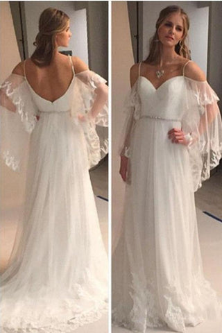 A Line Spaghetti Straps Sweetheart Lace Illusion Sleeves Backless Beach Wedding Dresses JS711