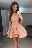 A Line Above Knee Straps Lace Homecoming Dresses with Scoop Short Prom Dresses JS838