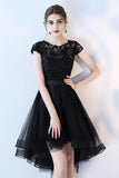 A Line Black High Low Scoop Cap Sleeve Tulle Homecoming Dresses with Lace Prom Dress JS854