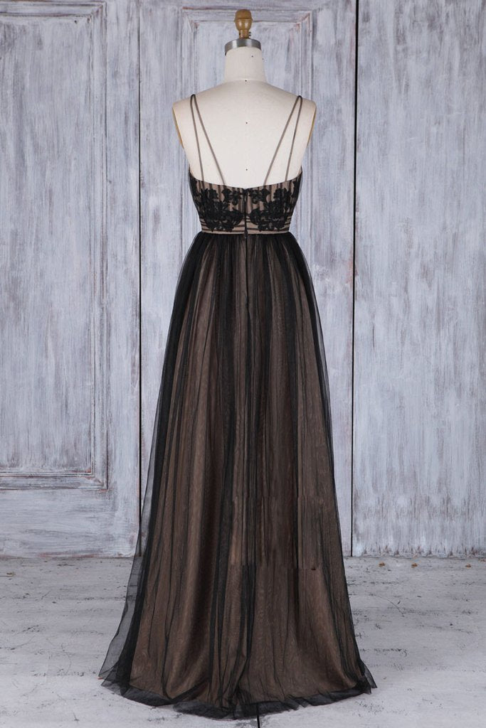 A Line Black Tulle V Neck Backless Lace Appliques Prom Dresses Simple Evening Dresses JS874