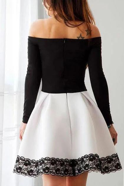 Buy A Line Black and White Off the Shoulder Long Sleeve Short ...