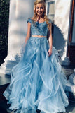 A Line Blue Lace Off the Shoulder Tulle Ruffled Beaded Two Piece Prom Dresses JS406