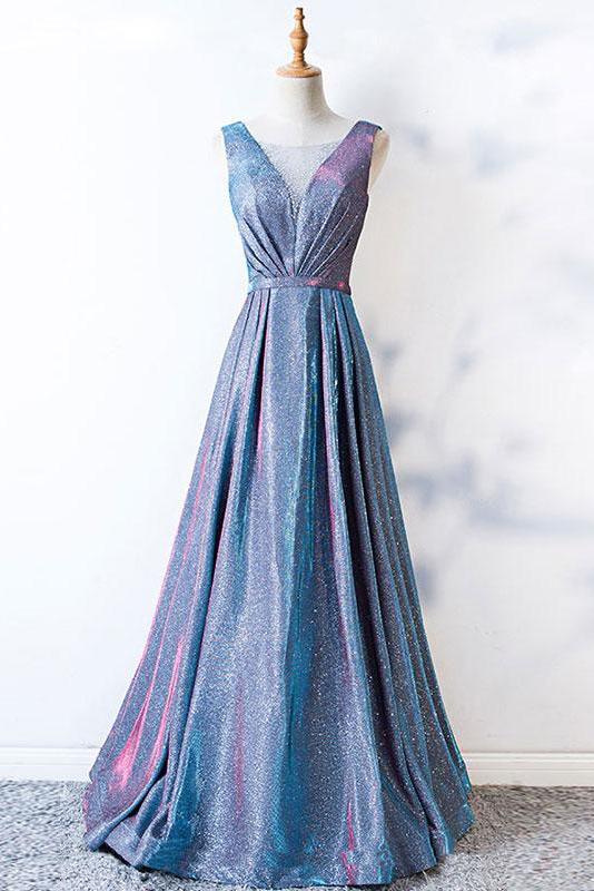 A Line Blue Lace up Ruffles Prom Dresses V Neck Satin Long Cheap Evening Dresses JS675