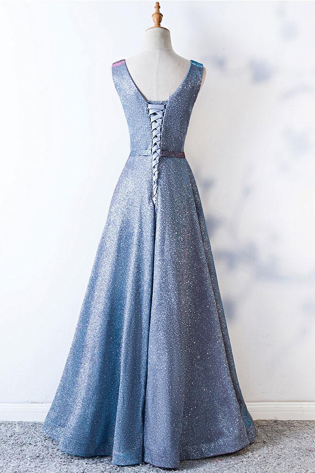 A Line Blue Lace up Ruffles Prom Dresses V Neck Satin Long Cheap Evening Dresses JS675