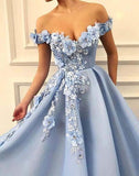 A Line Blue Off the Shoulder Tulle Lace Sweetheart 3D Flowers Prom Dresses Formal Dress JS464