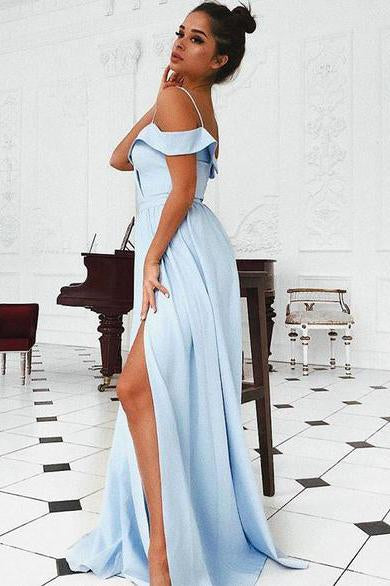 A Line Blue Sweetheart Cold Shoulder Satin Prom Dresses with Slit Long Party Dress JS674