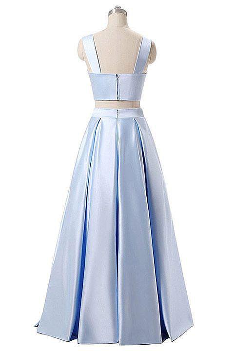A Line Blue Two Piece Satin Sweetheart Prom Dresses Long Cheap Evening Dresses JS663