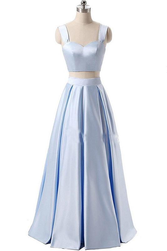 A Line Blue Two Piece Satin Sweetheart Prom Dresses Long Cheap Evening Dresses JS663