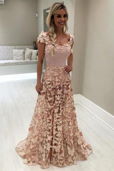 A Line Blush Pink 3D Butterfly Sweetheart Lace Long Prom Dresses with Cap Sleeve JS451
