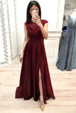 A Line Burgundy Cap Sleeve Prom Dresses Long Beading Slit Evening Party Dresses JS897