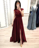 A Line Burgundy Cap Sleeve Prom Dresses Long Beading Slit Evening Party Dresses JS897