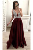 A Line Burgundy V Neck Prom Dresses with Beads Sleeveless Party Formal Dresses JS877
