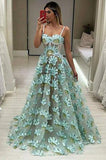 A Line Chic Spaghetti Straps Sweetheart Appliques Green Prom Dresses Long Party Dresses P1036