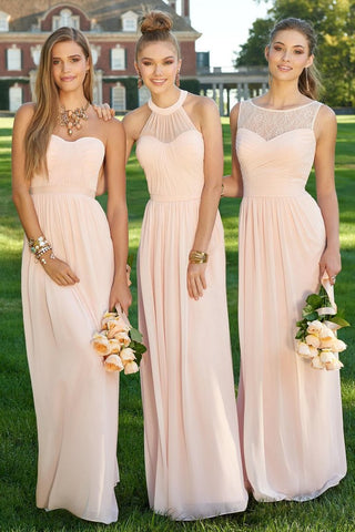 A Line Chiffon Blush Pink Formal Floor Length Cheap Bridesmaid Dresses Prom Dresses JS836