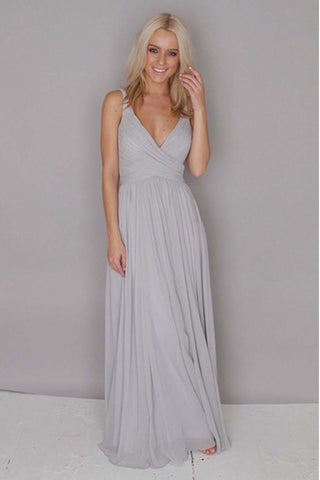 A Line Chiffon Grey Floor Length V Neck Ruffles Bridesmaid Dress Long Prom Dresses
