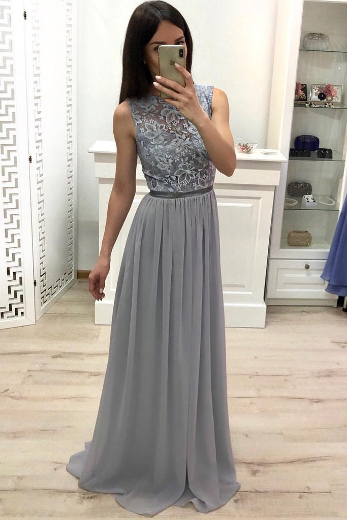 A Line Chiffon Long Prom Dresses Cheap Sleeveless Lace Appliques Bridesmaid Dresses JS904