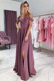 A Line Chiffon Off the Shoulder Prom Dresses Purple Side Slit Evening Dresses JS733