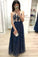 A Line Dark Blue Long Prom Dresses Sequins Sleeveless Evening Party Dresses JS905