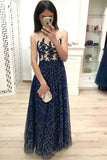 A Line Dark Blue Long Prom Dresses Sequins Sleeveless Evening Party Dresses JS905